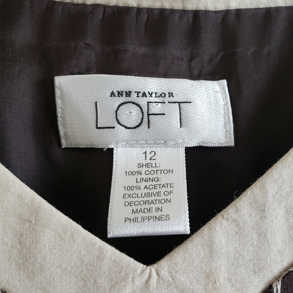 Ann Taylor LOFT V-Neck Strappy Geometric Cream Brown Sleeveless Dress Sz 12 - Picture 6 of 8